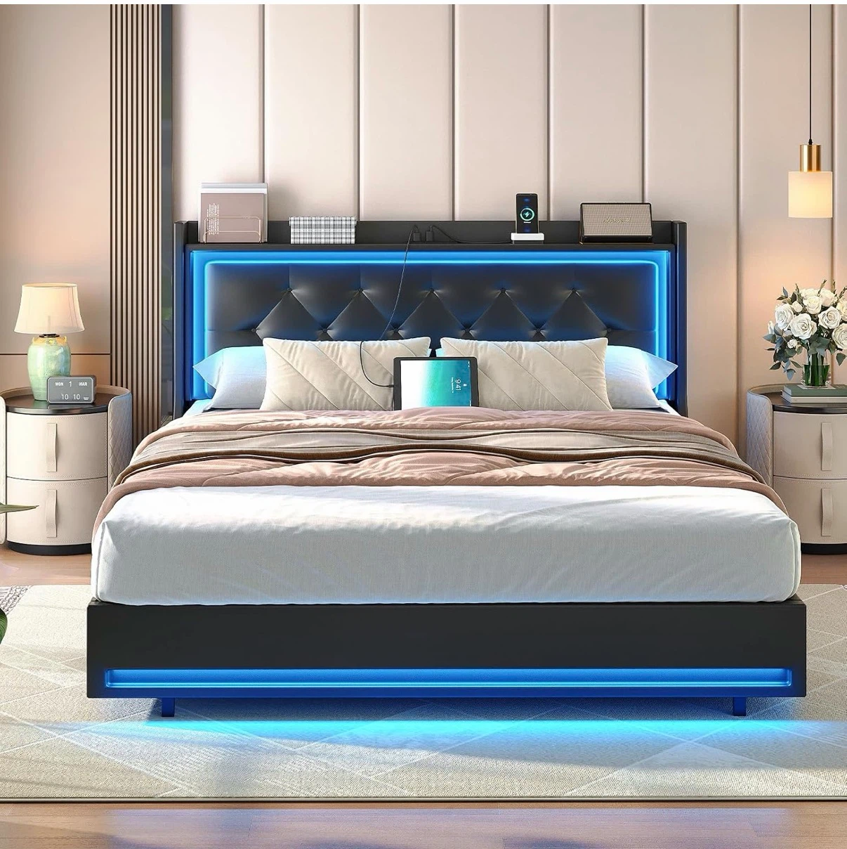 Queen Size Modern Upholstered Bed Frame with LED Lights