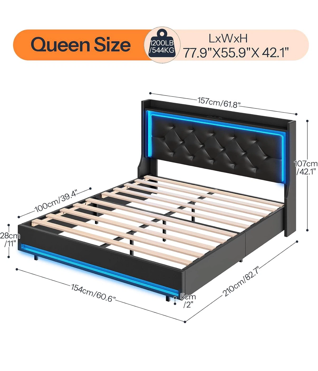 Queen Size Modern Upholstered Bed Frame with LED Lights - photo 2