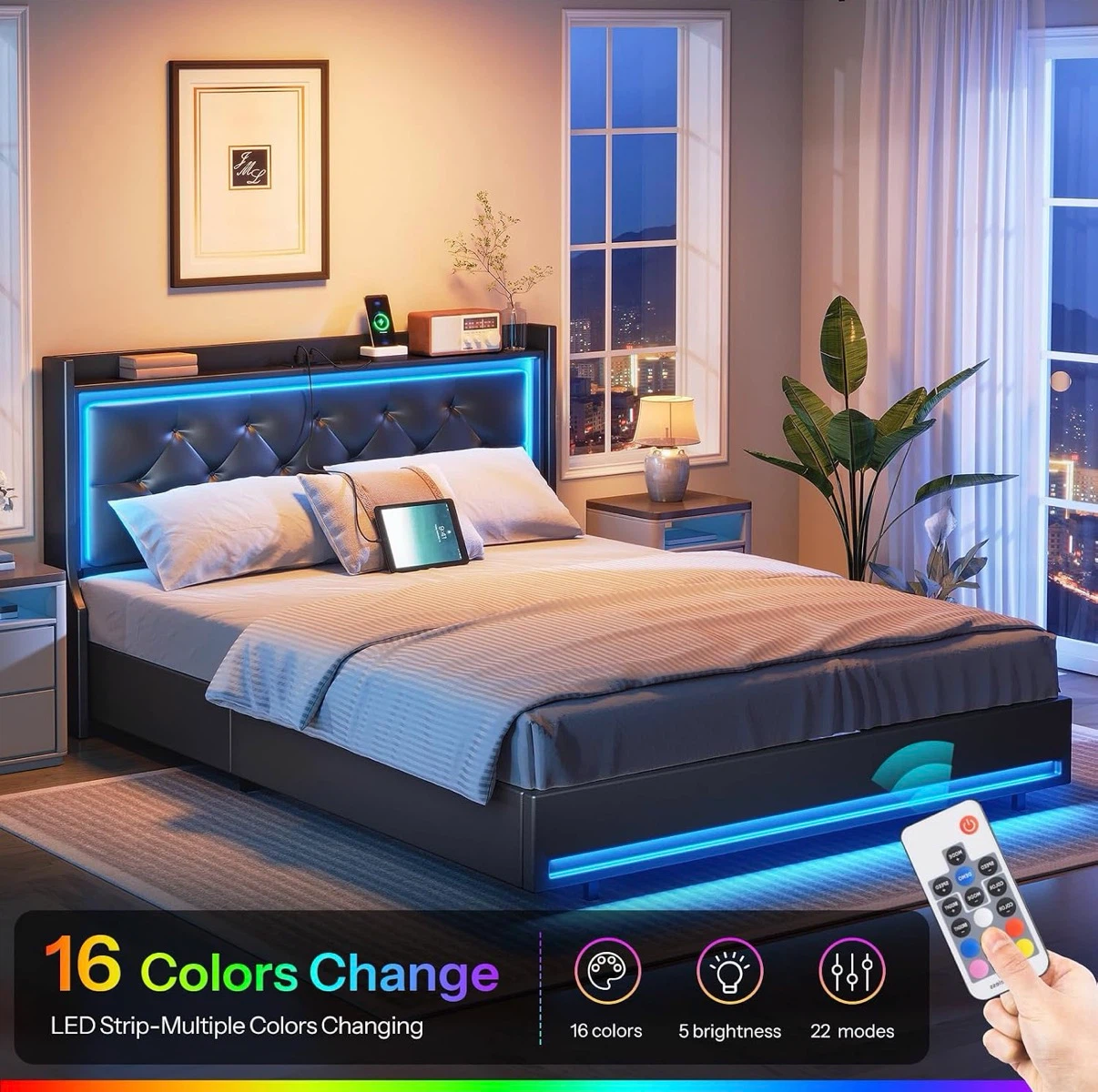Queen Size Modern Upholstered Bed Frame with LED Lights - photo 3