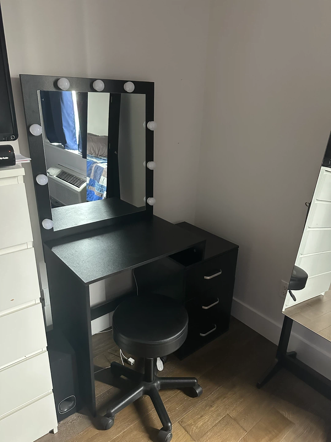 Black Vanity with Lights and Stool