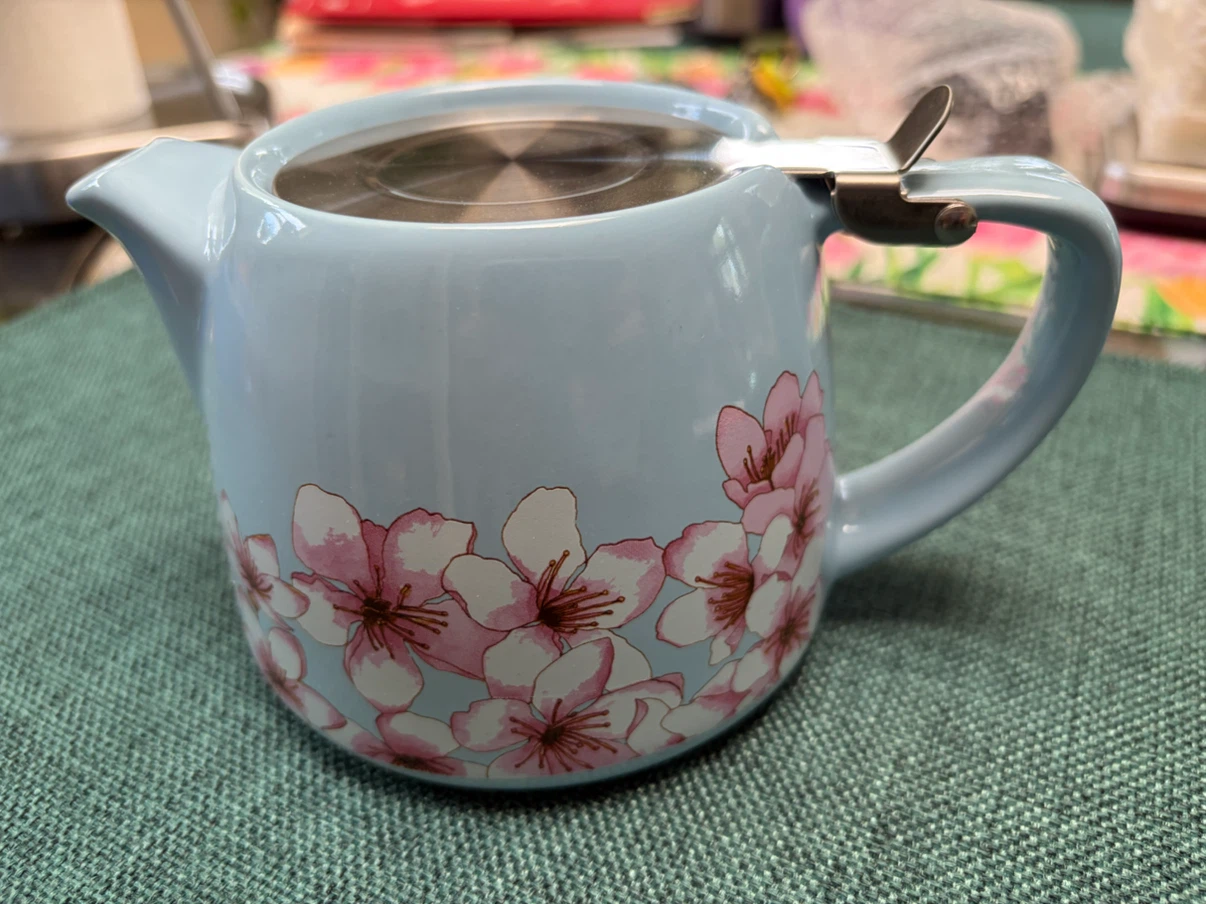 Light Blue Ceramic Teapot with Cherry Blossoms - photo 2