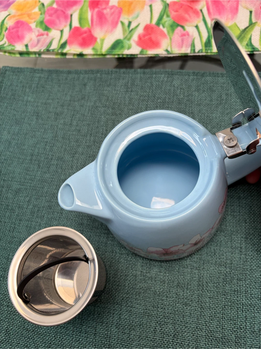 Light Blue Ceramic Teapot with Cherry Blossoms - photo 3