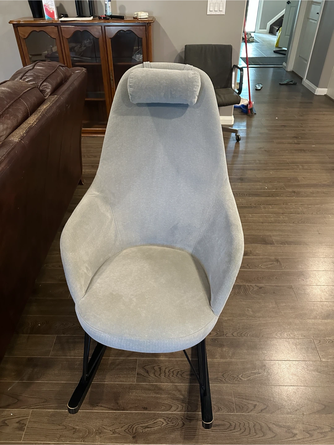 Light Grey Upholstered Rocking Chair with Headrest