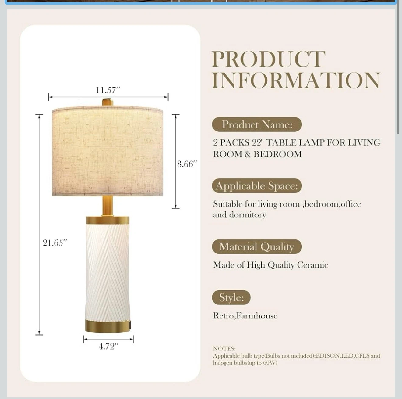Set of 2 Modern Ceramic Table Lamps - White & Gold - photo 2