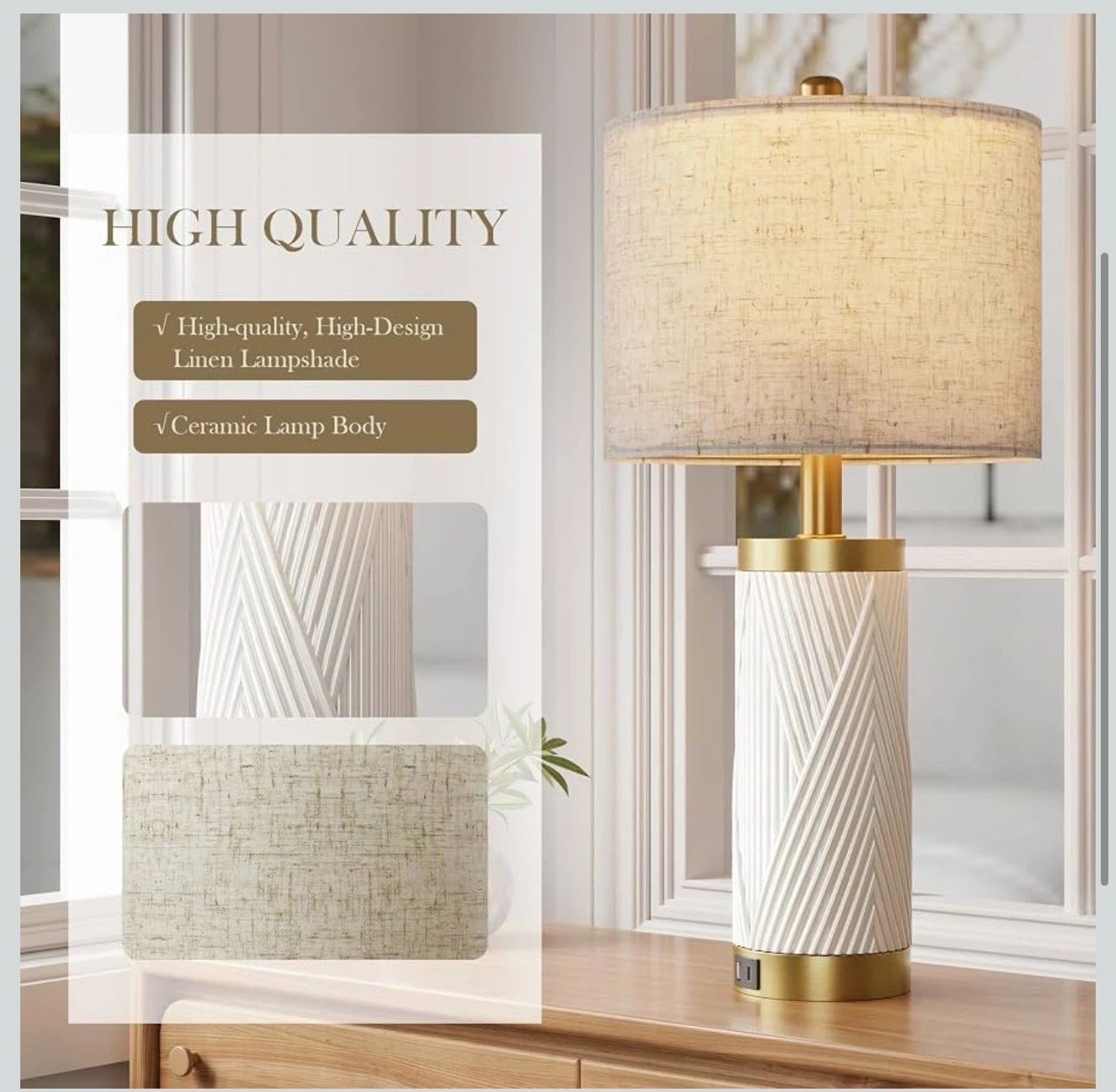 Set of 2 Modern Ceramic Table Lamps - White & Gold - photo 3
