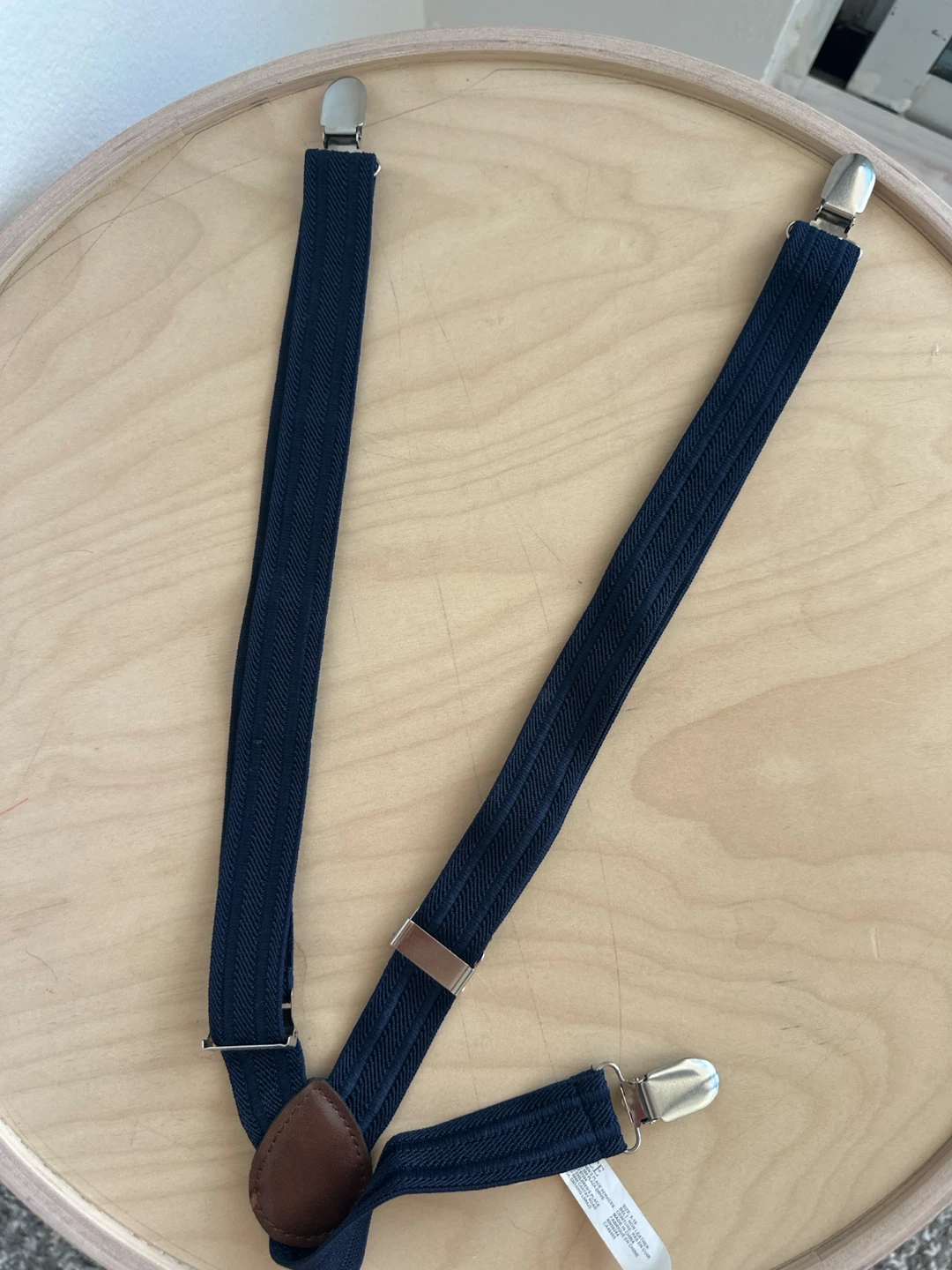 Navy Blue Elastic Suspenders with Brown Faux Leather Details