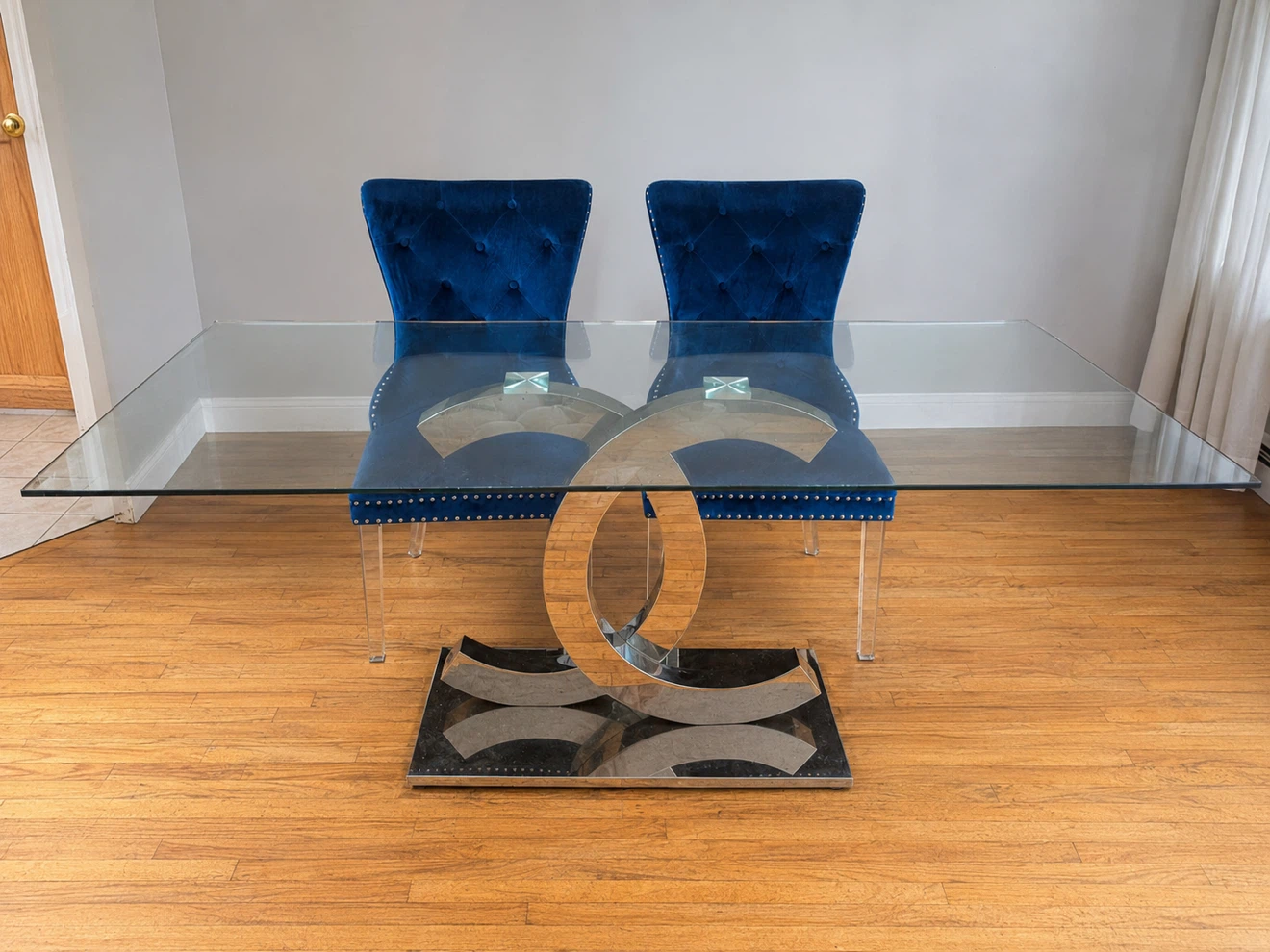 Glass Dining Table with Chrome and Acrylic Base