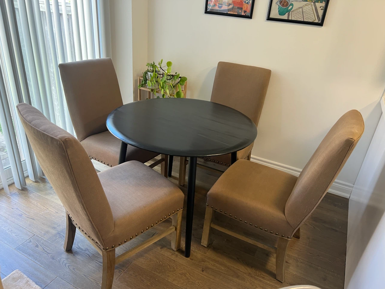 EQ3 Round Black Dining Table with 4 Restoration Hardware Chairs