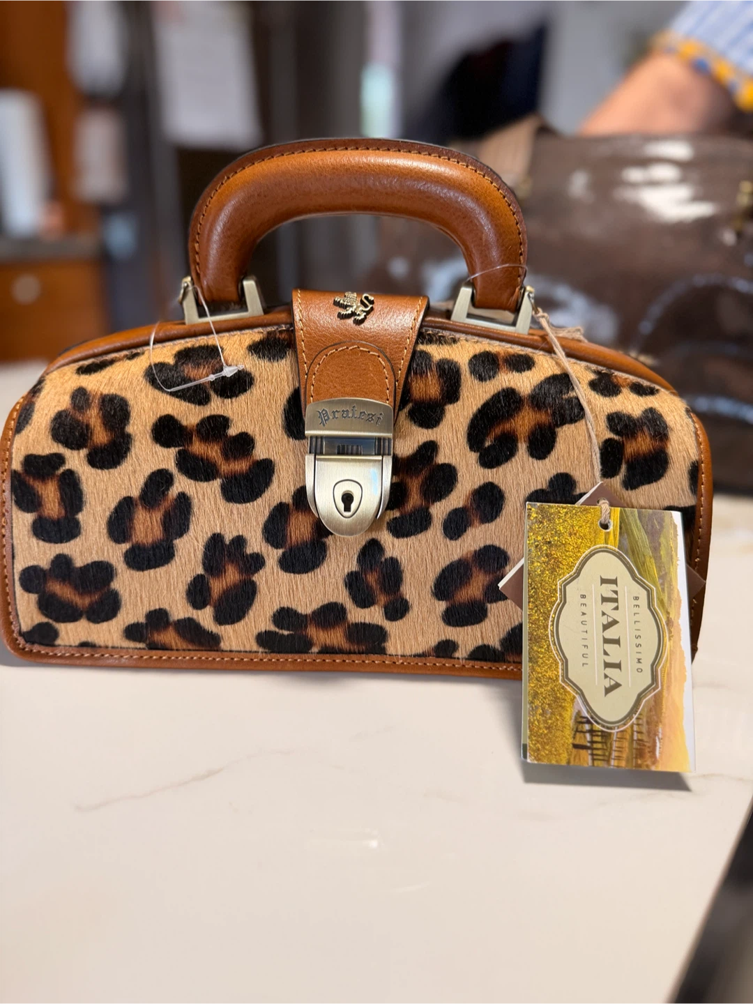 Pratesi Firenze Leopard Print Leather Handle Bag