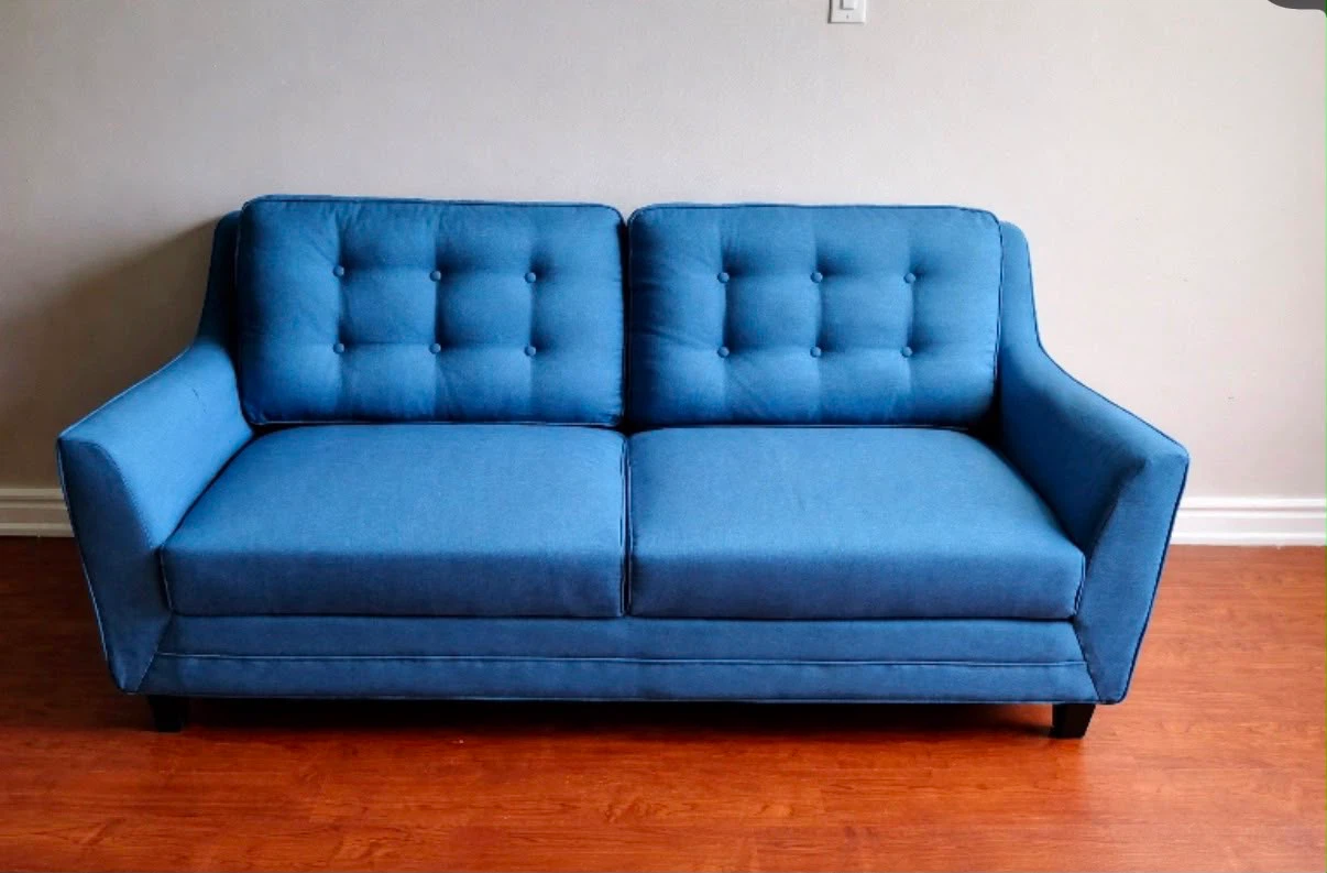 Blue Sofa + 2 White Accent Cushions (Great Condition)