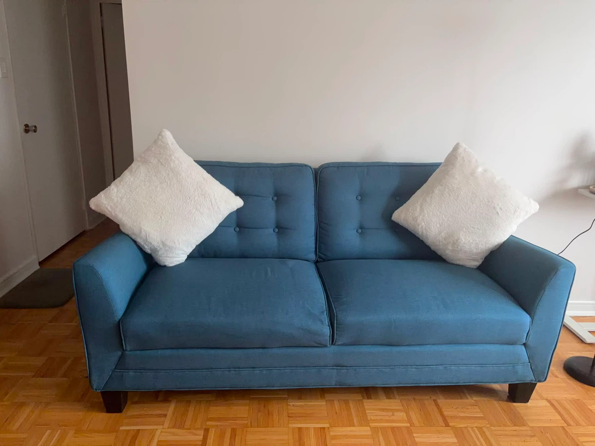 Blue Sofa + 2 White Accent Cushions (Great Condition) - photo 2