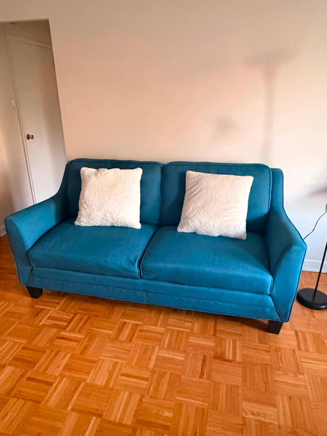 Blue Sofa + 2 White Accent Cushions (Great Condition) - photo 3