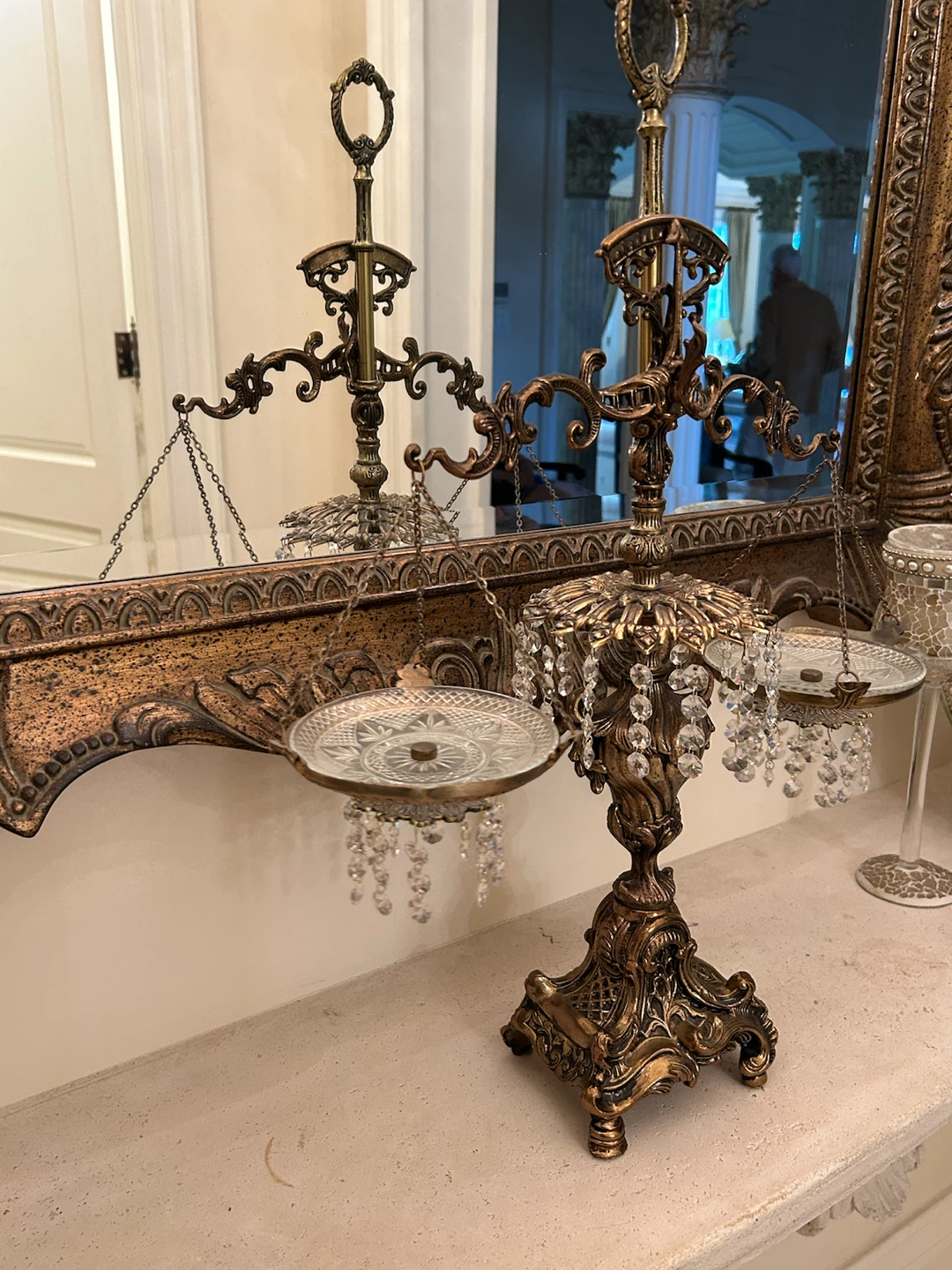 Vintage Ornate Brass and Crystal Scale of Justice