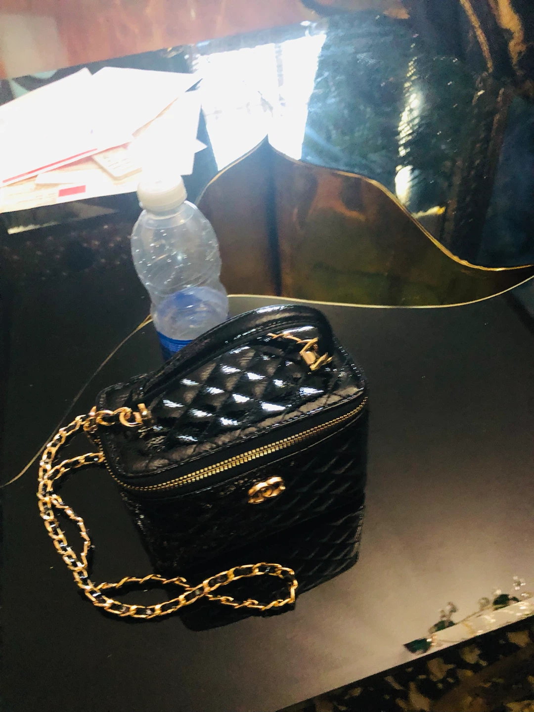 Black Quilted Vanity Bag with Gold Chain