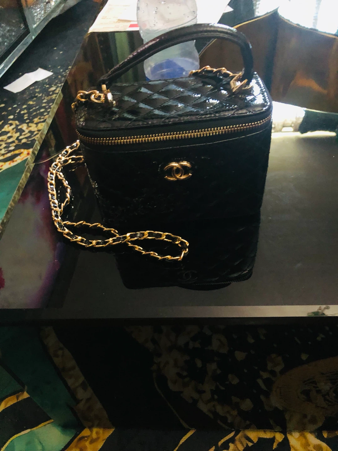 Black Quilted Vanity Bag with Gold Chain - photo 2