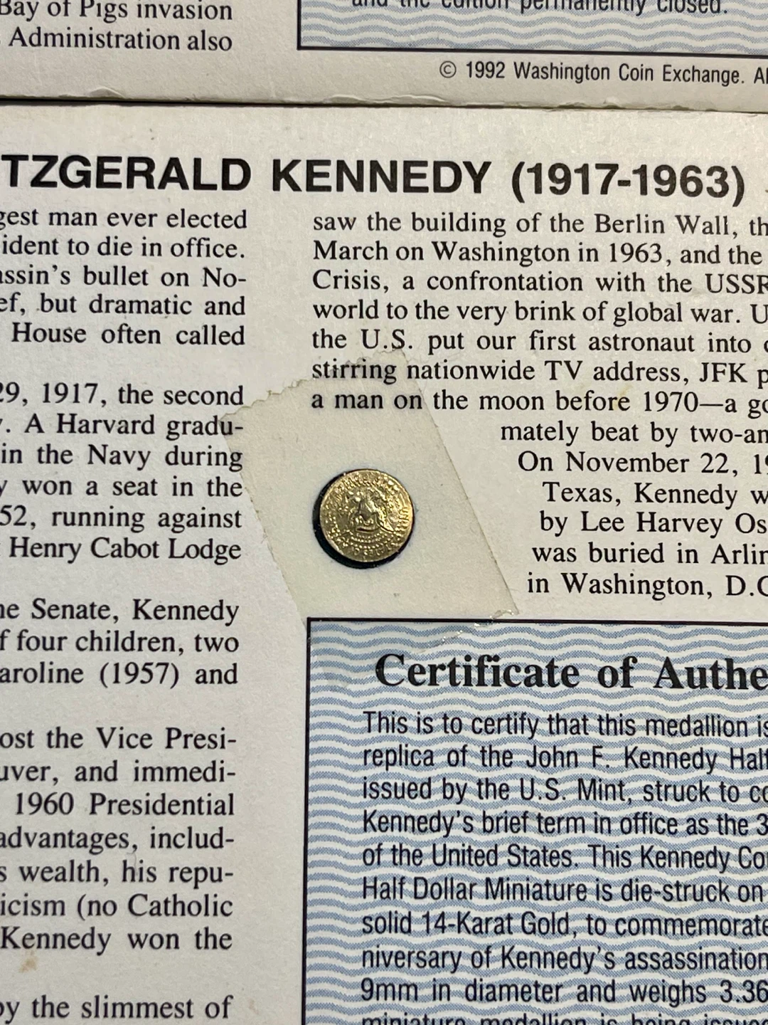 14-Karat Gold John F. Kennedy Memorial Half Dollar Miniature - photo 4