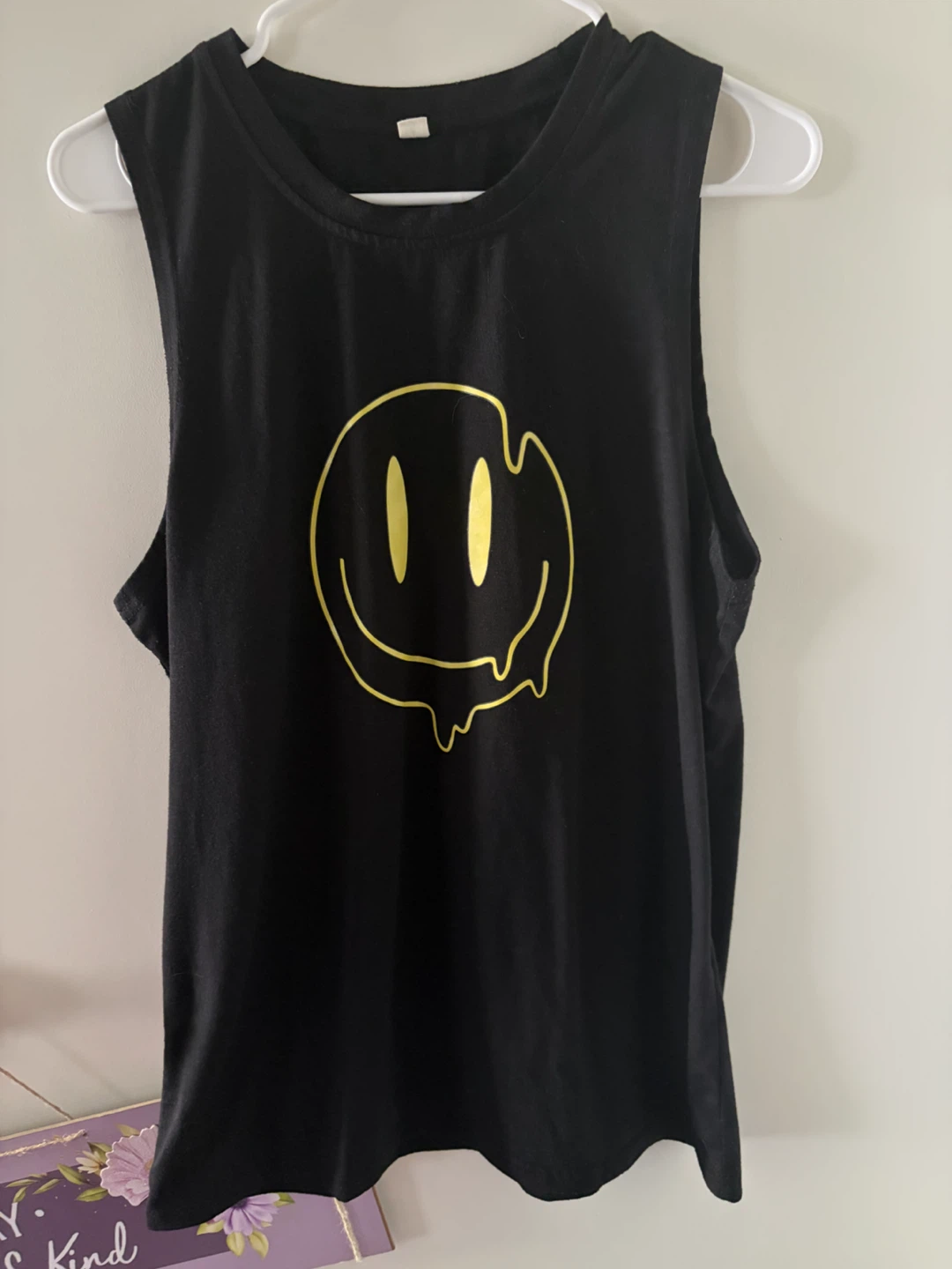 Black Sleeveless Tank Top with Dripping Smiley Face - Size S
