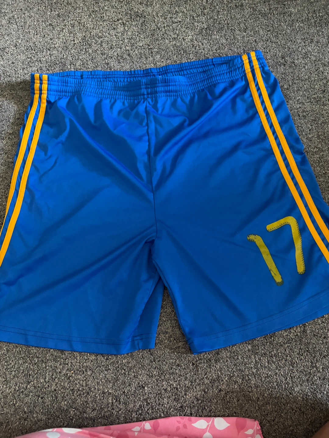 Blue Shorts with Yellow Stripes and Number 17
