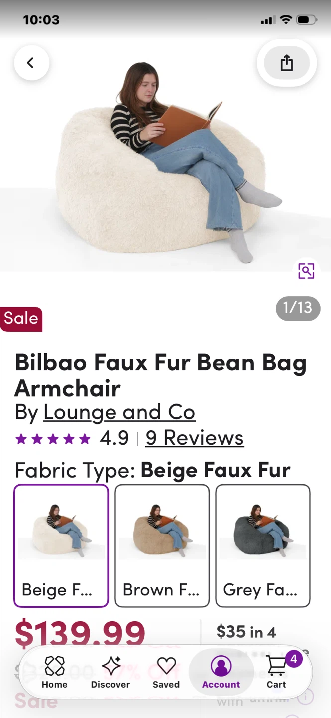 Lounge and Co Bilbao Faux Fur Bean Bag Armchair - Beige - photo 2