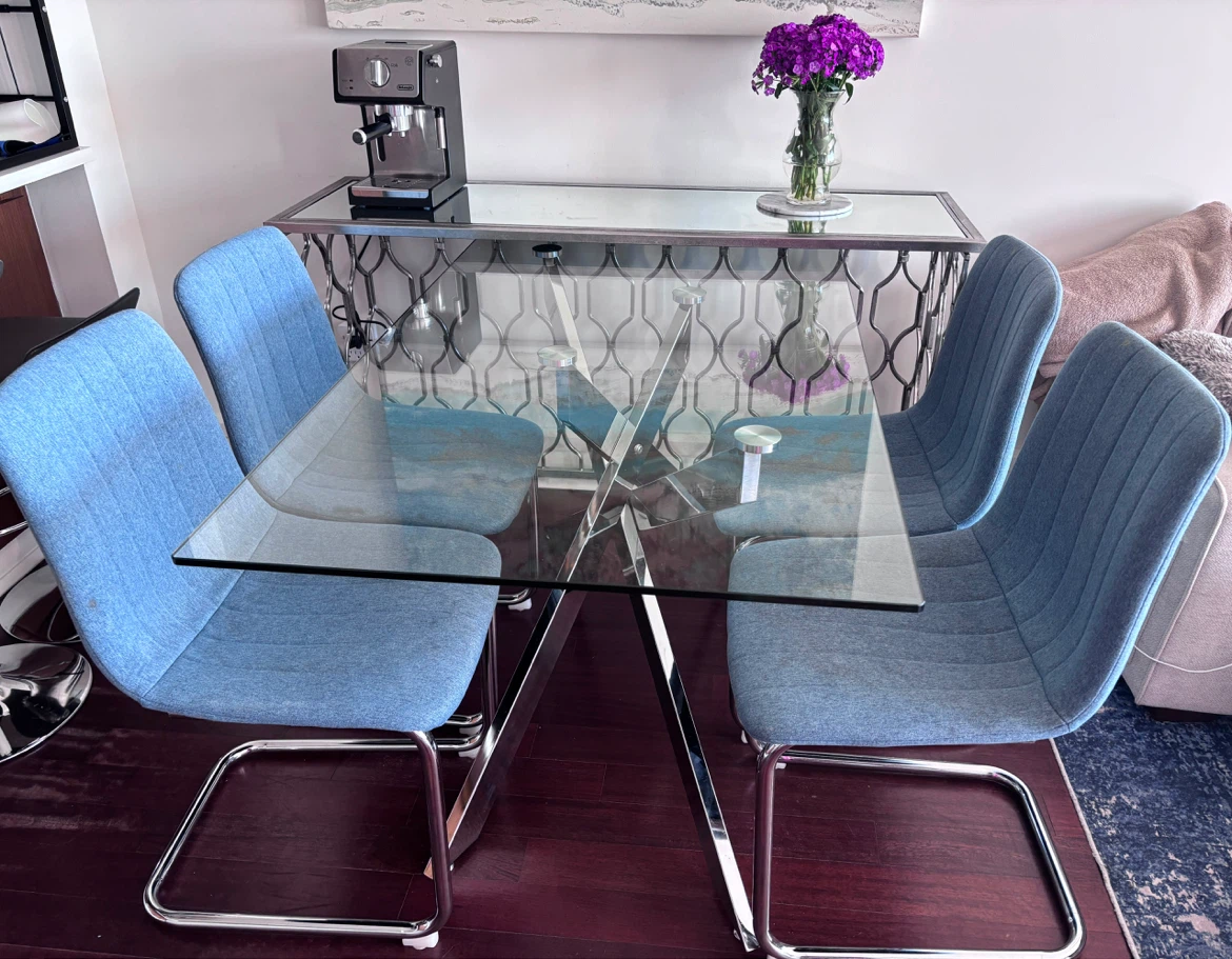 Blue Fabric Dining Chairs (Set of 4) and table