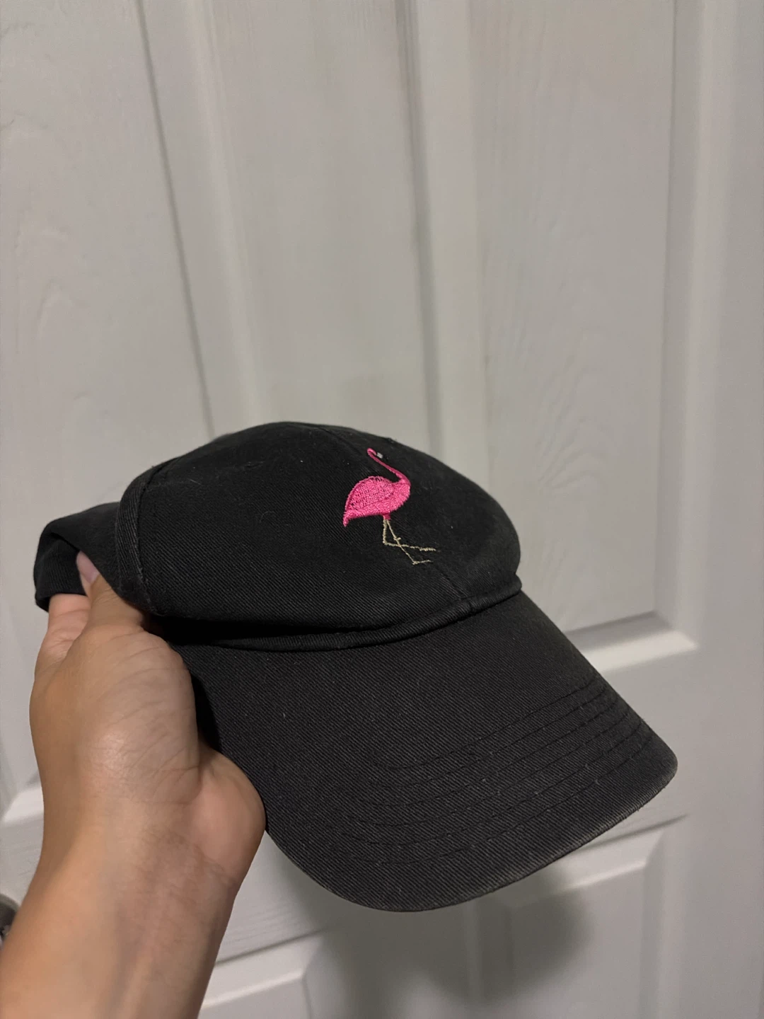 Black Baseball Cap with Pink Flamingo Embroidery