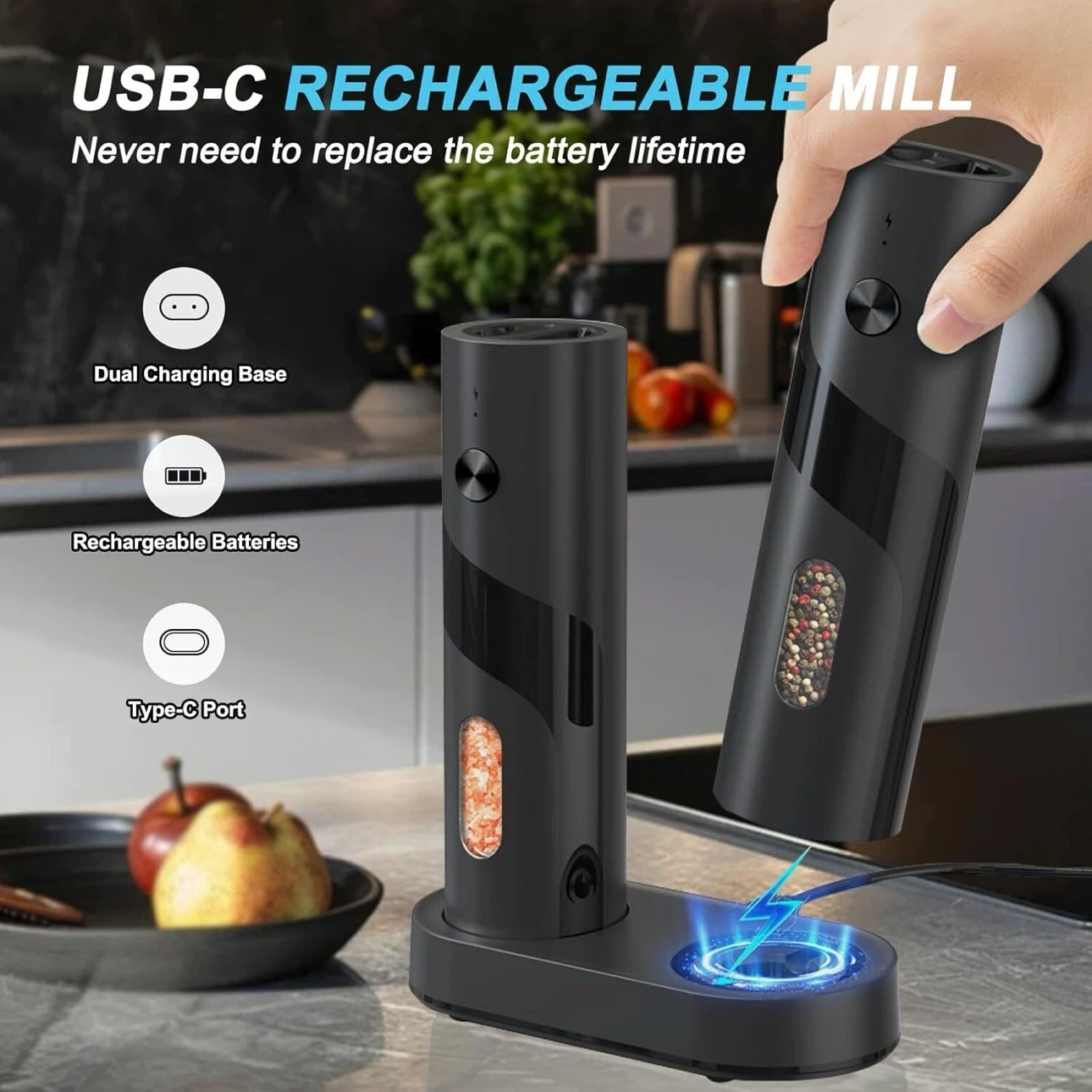 Rechargeable Salt and Pepper Grinder Set, Light - photo 5