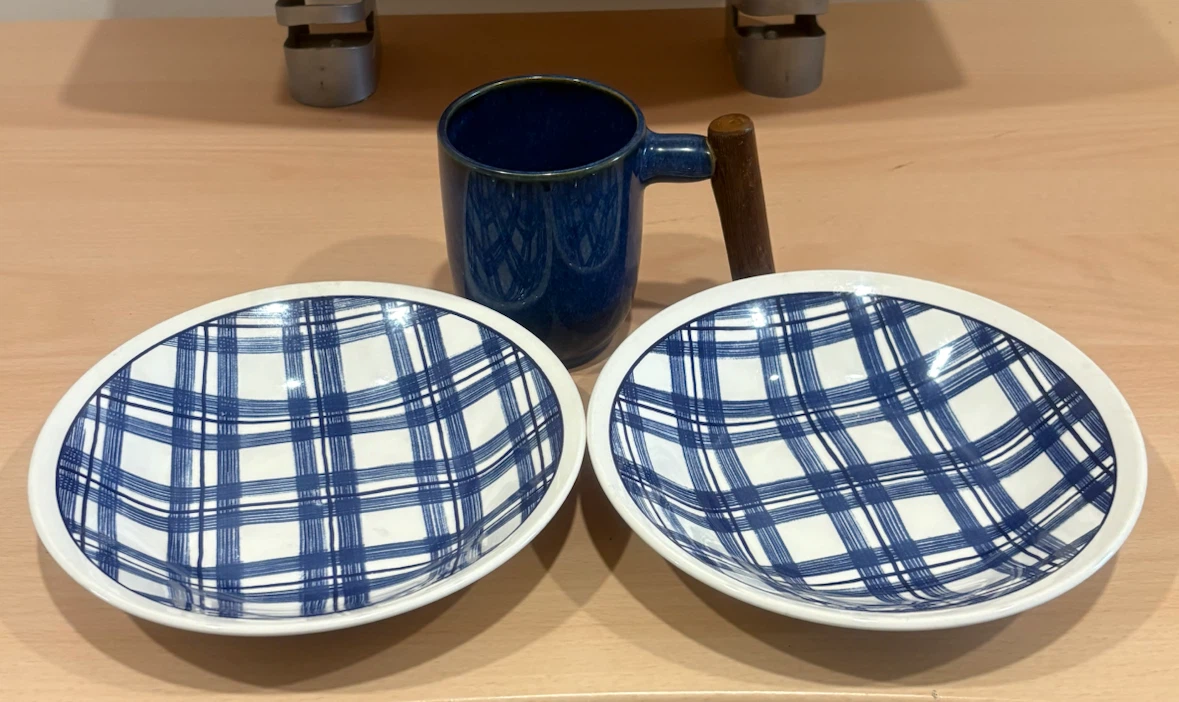 Blue Mug with Wooden Handle and Two Plaid Bowls