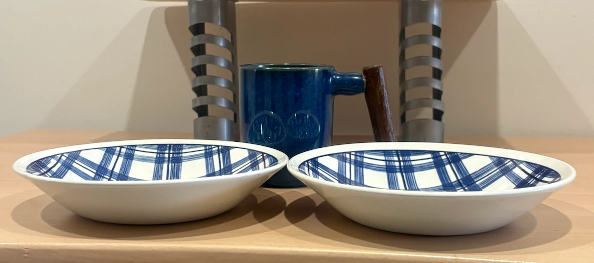 Blue Mug with Wooden Handle and Two Plaid Bowls - photo 2