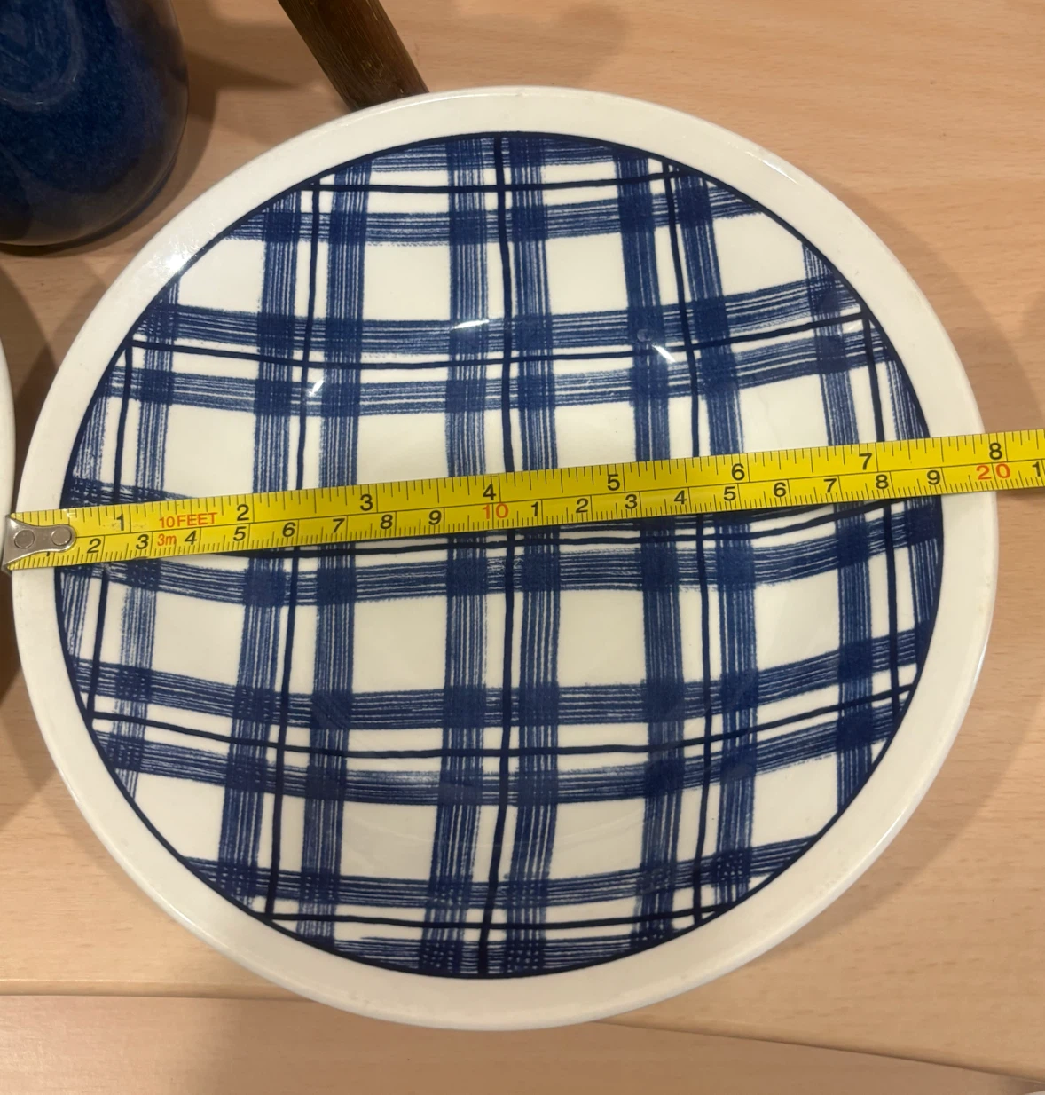 Blue Mug with Wooden Handle and Two Plaid Bowls - photo 3