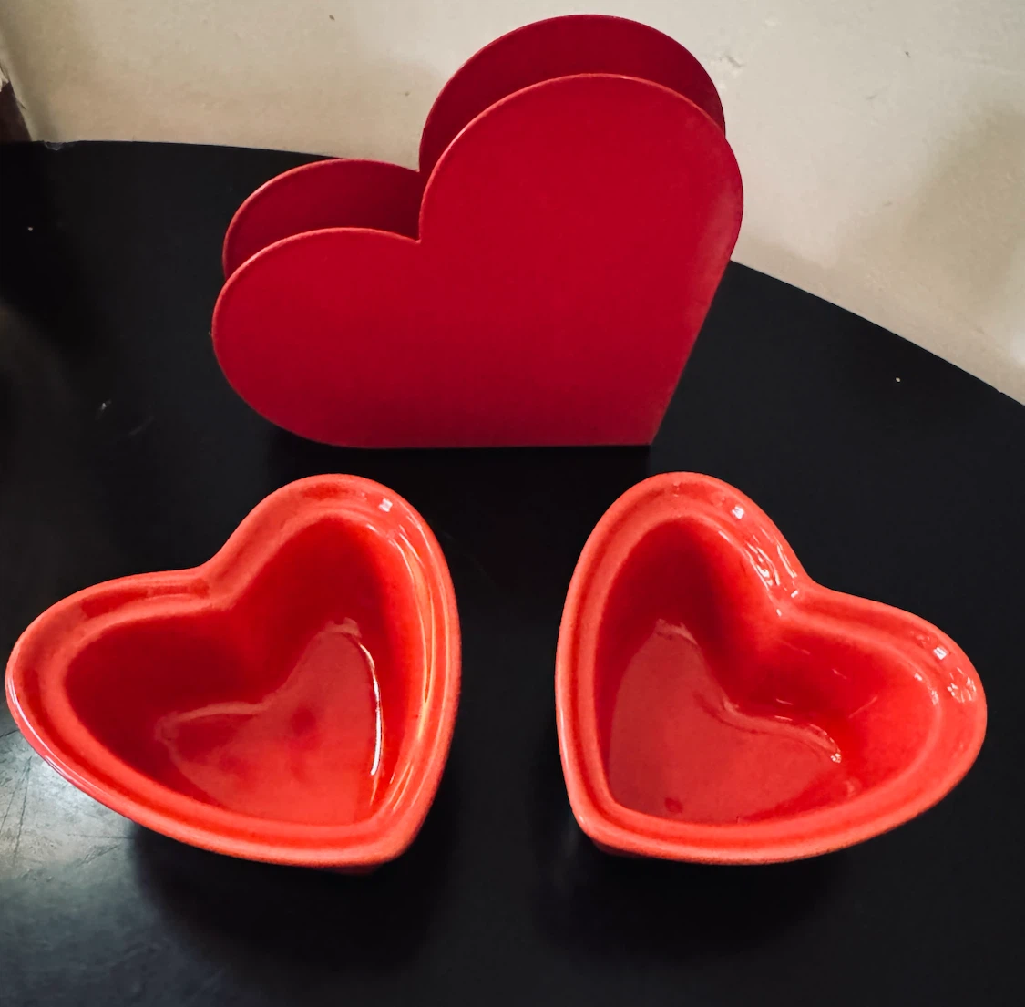 Red Heart Shaped Napkin Holder with Two Small Heart Dishes