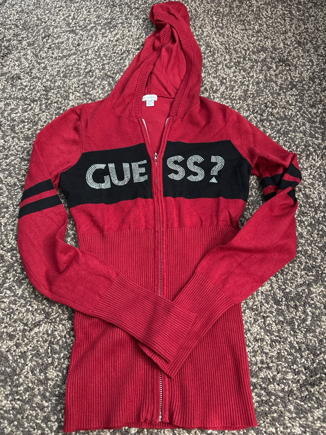 Guess Women's Red Full Zip Hoodie with Rhinestone Logo