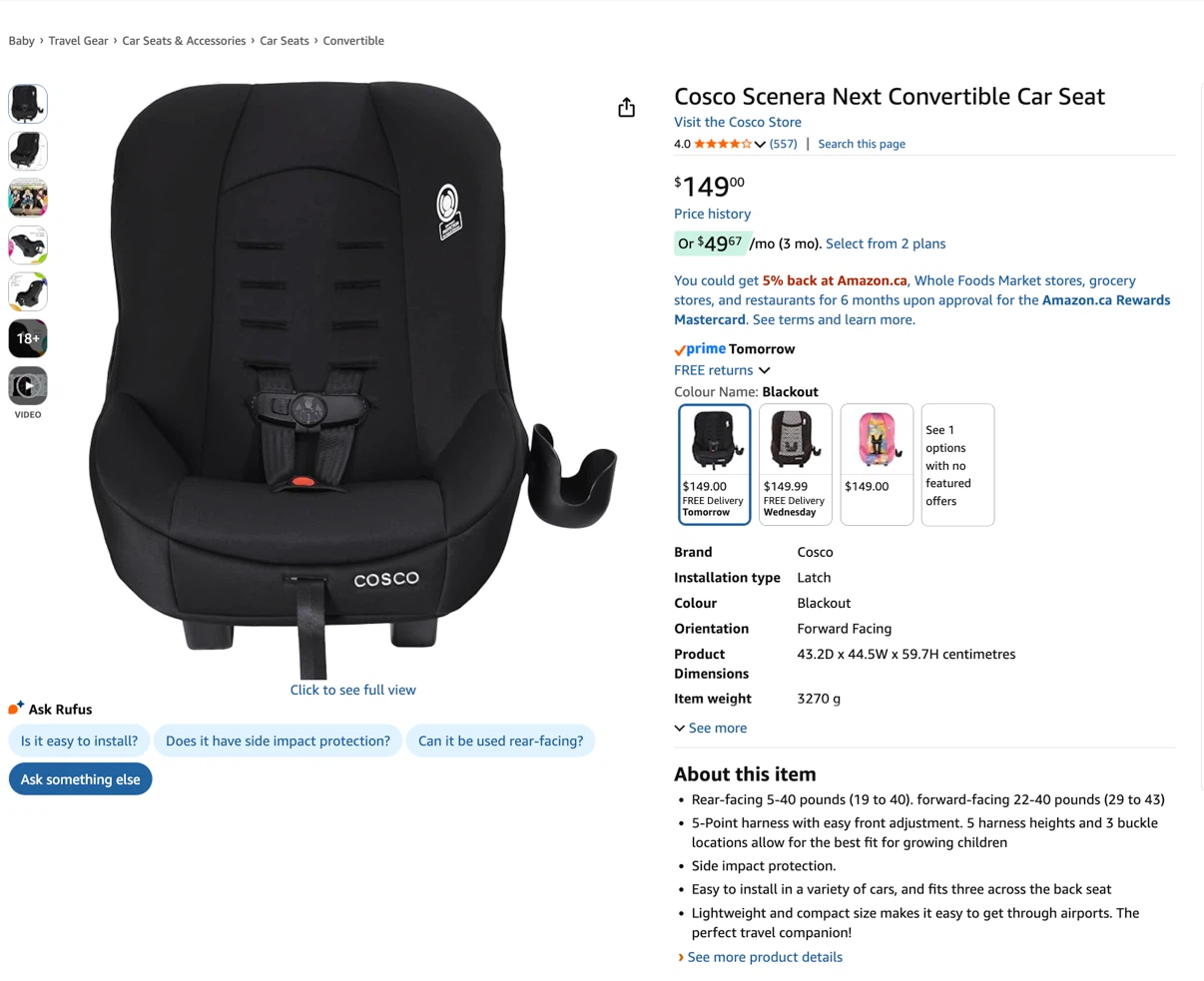 Cosco Scenera Next Convertible Car Seat - Black - photo 2