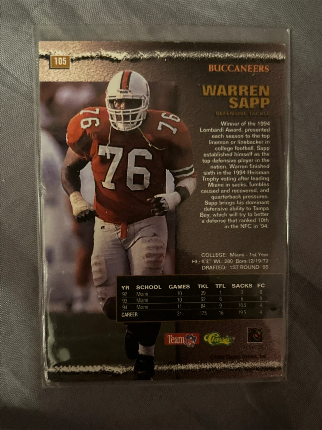 Warren Sapp 1994 Pro Line Classic Football Card - photo 2