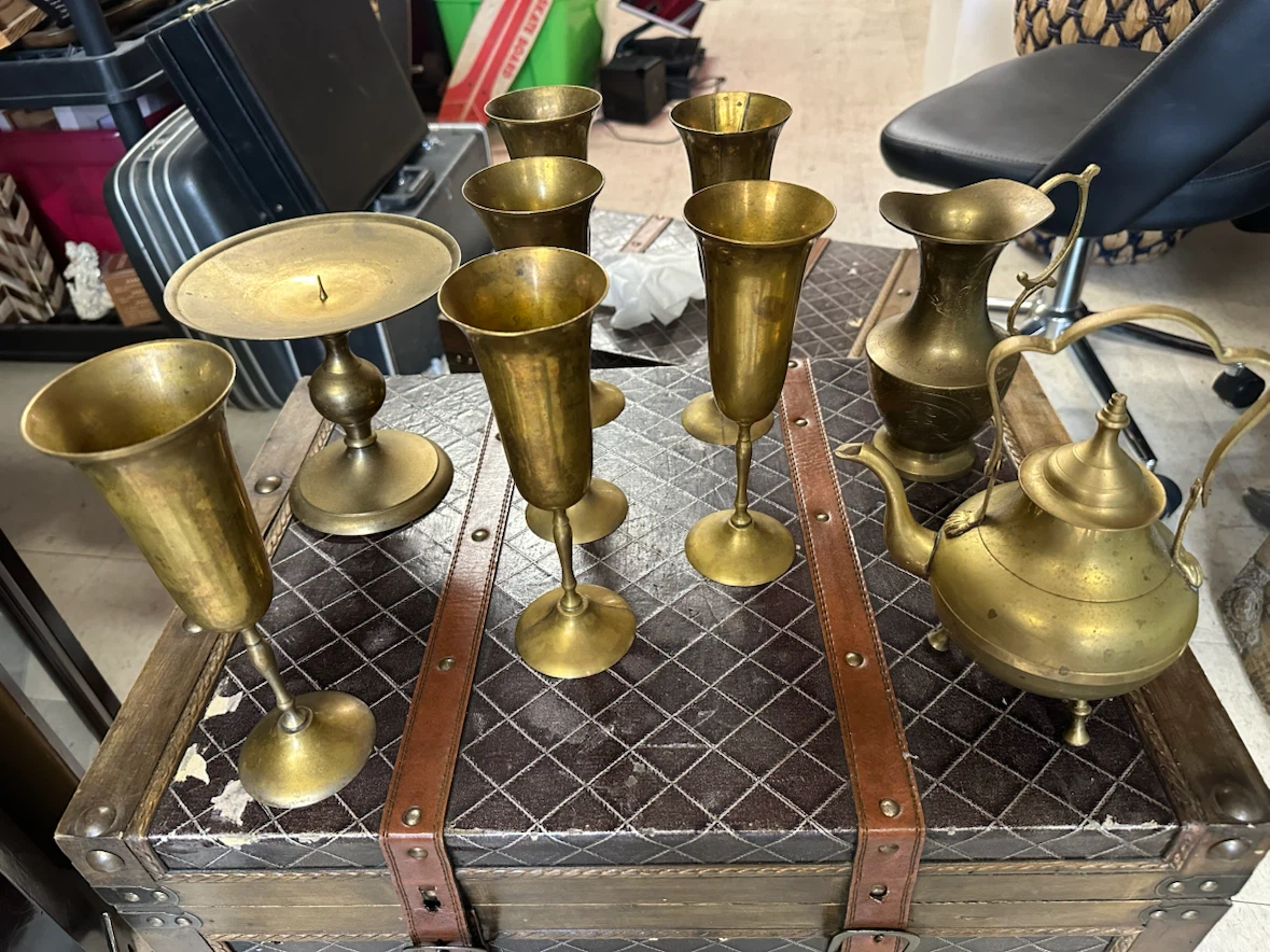 Brass Champagne Flutes, Teapot, Etc…