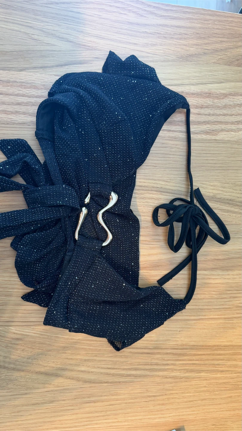 Black Sparkly Halter Top with Gold Accent - photo 3