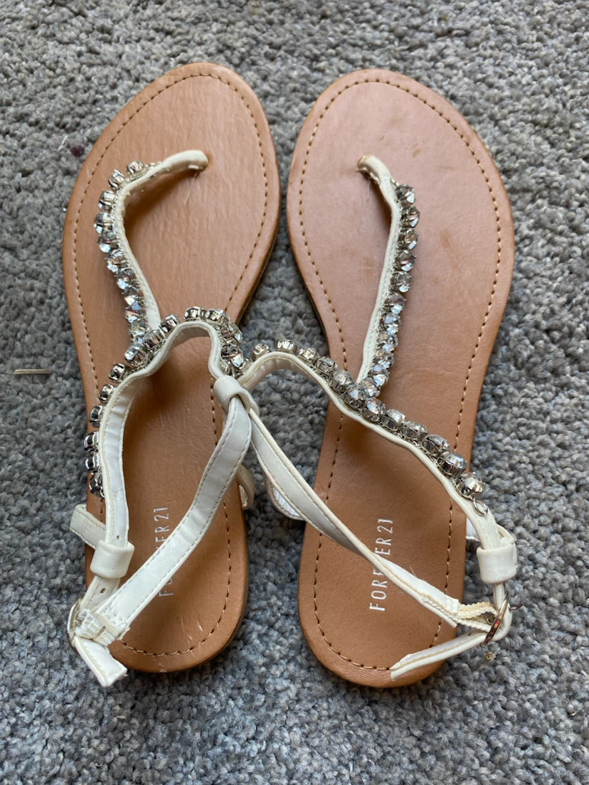 Forever 21 White Jeweled Flat Sandals