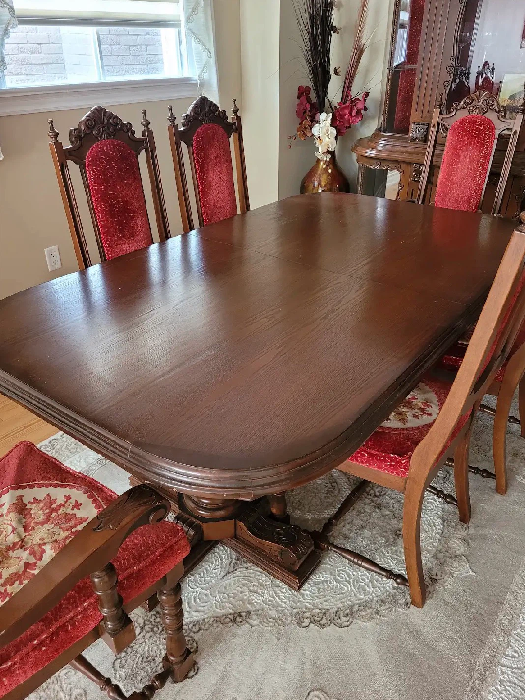 Wood dining set - pedestal table, six chairs & china cabinet
