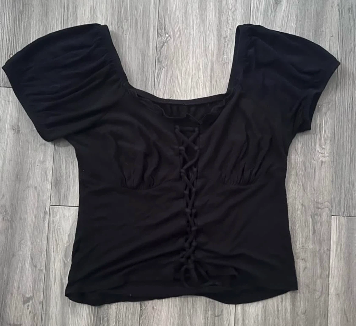 Black Lace-Up Puff Sleeve Top - photo 3