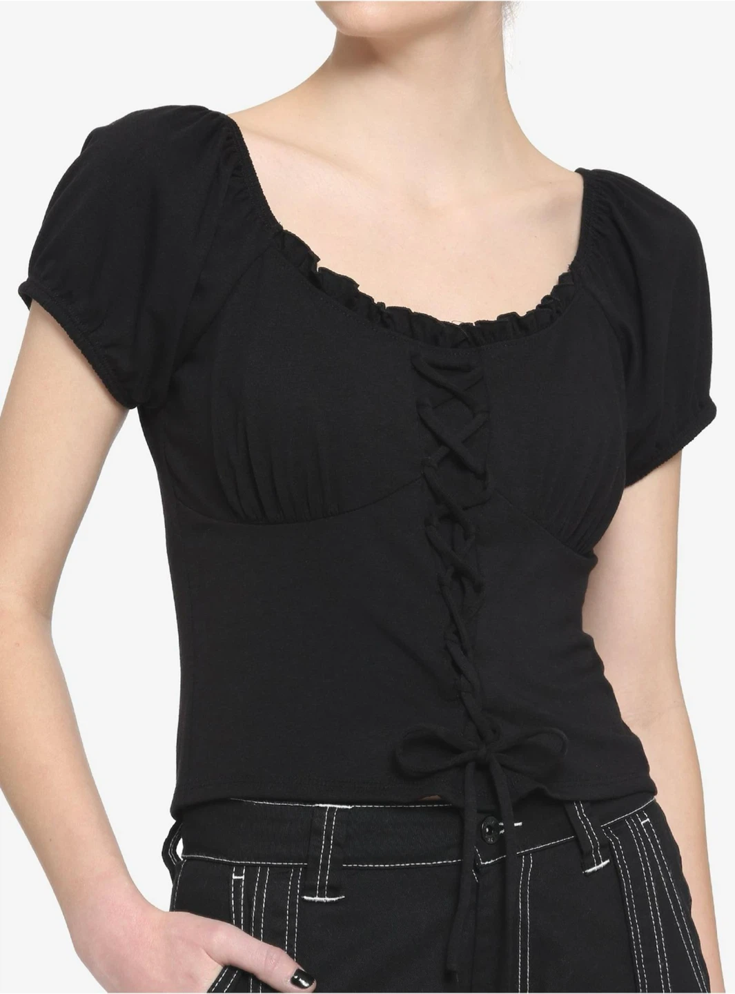 Black Lace-Up Puff Sleeve Top