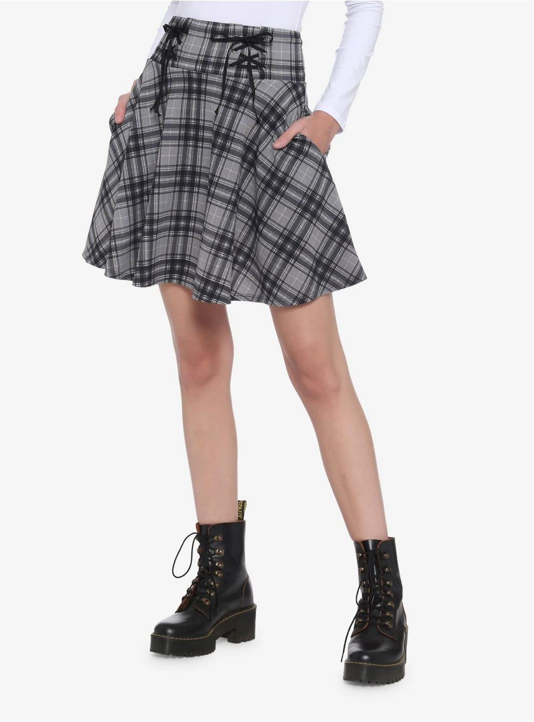 Grey Plaid Mini Skirt with Lace-Up Detail