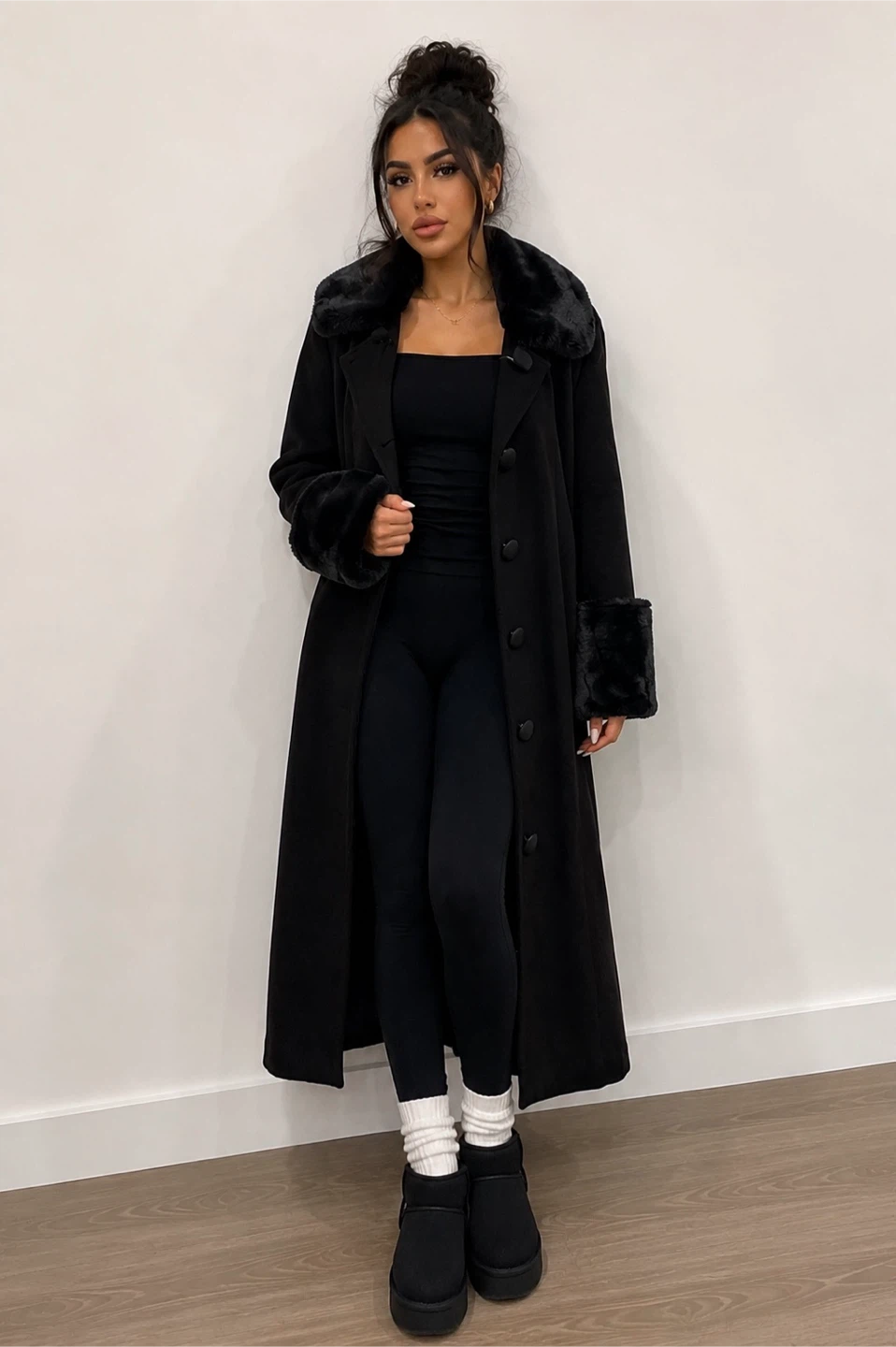 Black Faux Fur Trim Long Coat