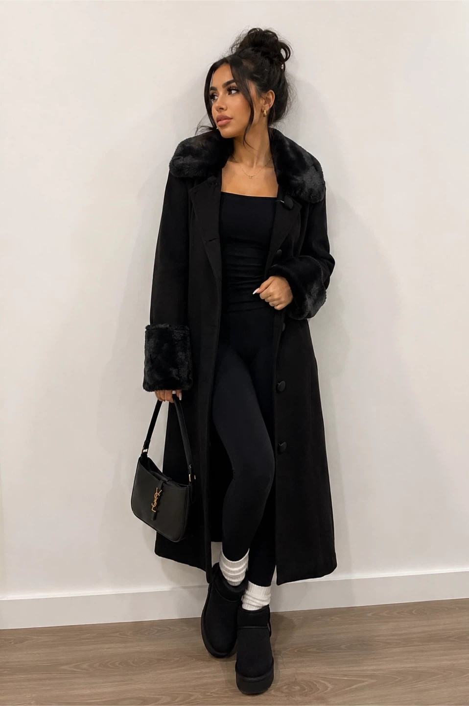 Black Faux Fur Trim Long Coat - photo 2