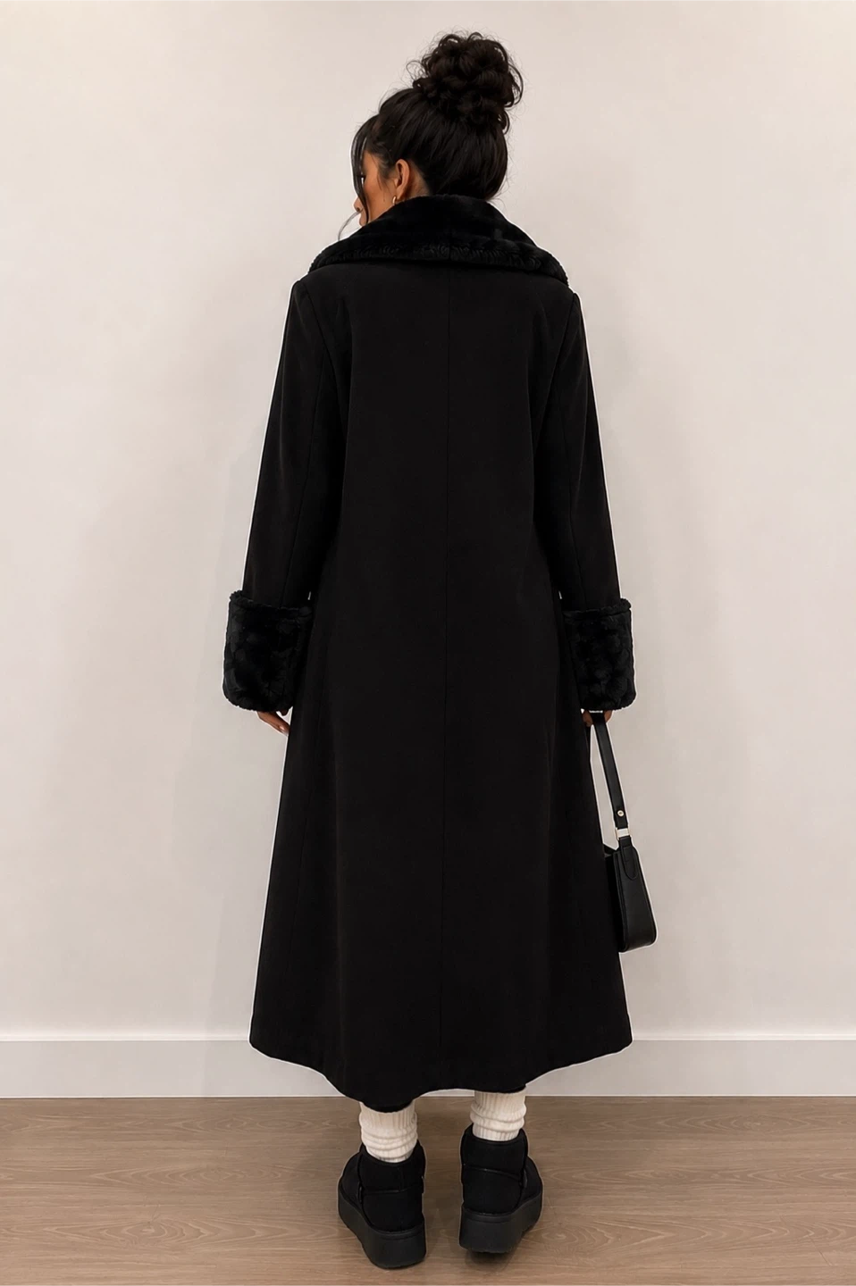 Black Faux Fur Trim Long Coat - photo 3