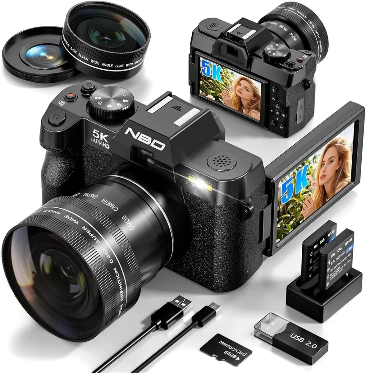 5K Digital Cameras 64MP - 16X Zoom, WiFi, 64GB Card