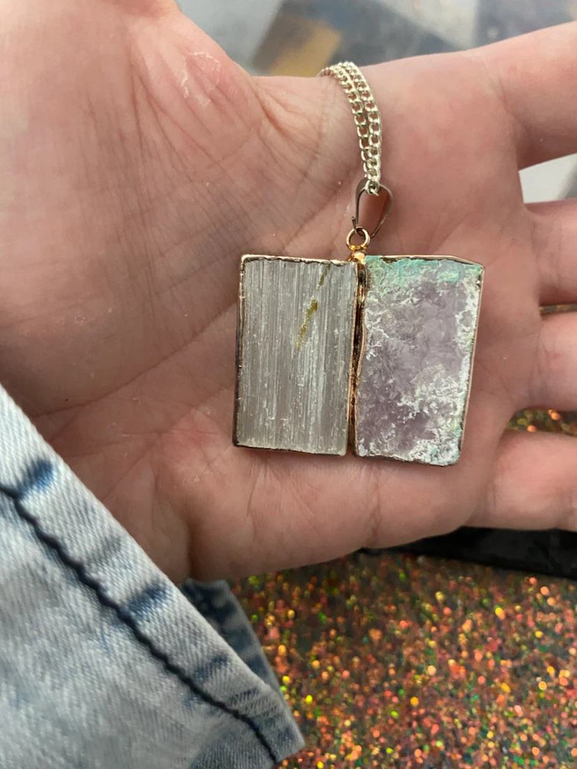 Selenite and lepidolite Crystal Pendant Necklace