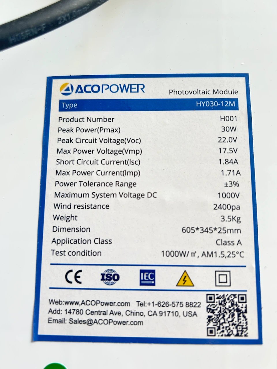 ACOPOWER HY030-12M Photovoltaic Module