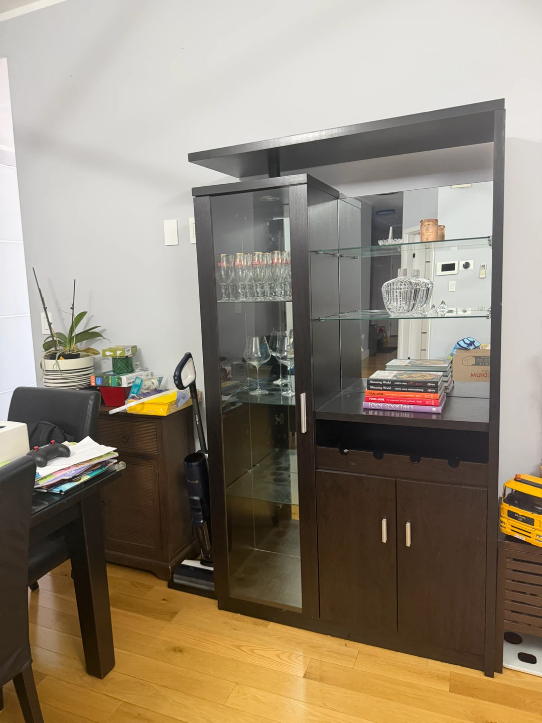 Dark Wood Bar Cabinet with Glass Doors