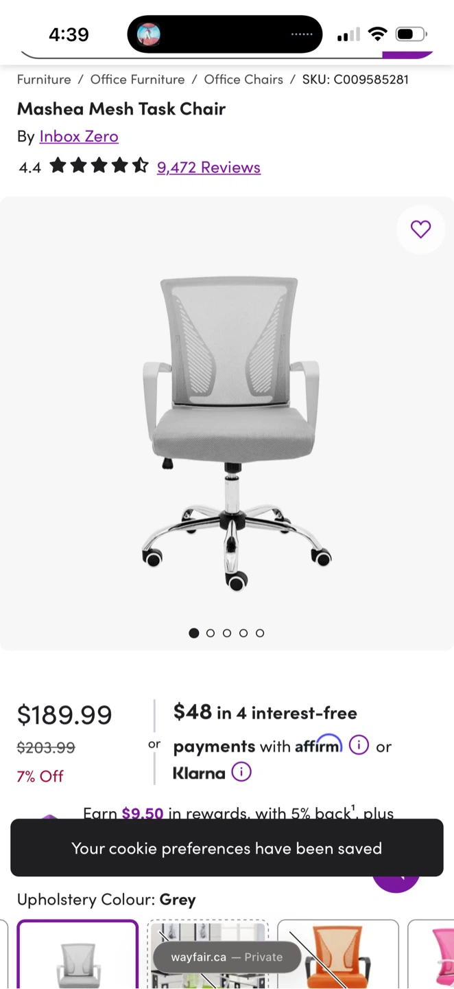 Mashea Mesh Home Work / Study Chair - Grey