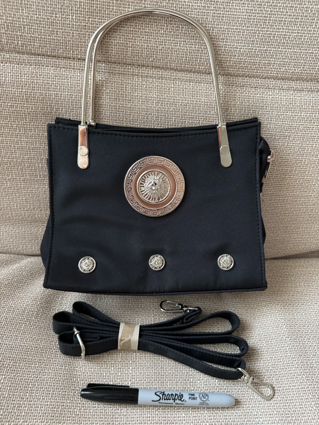 Black Handbag with Decorative Medallion - photo 2