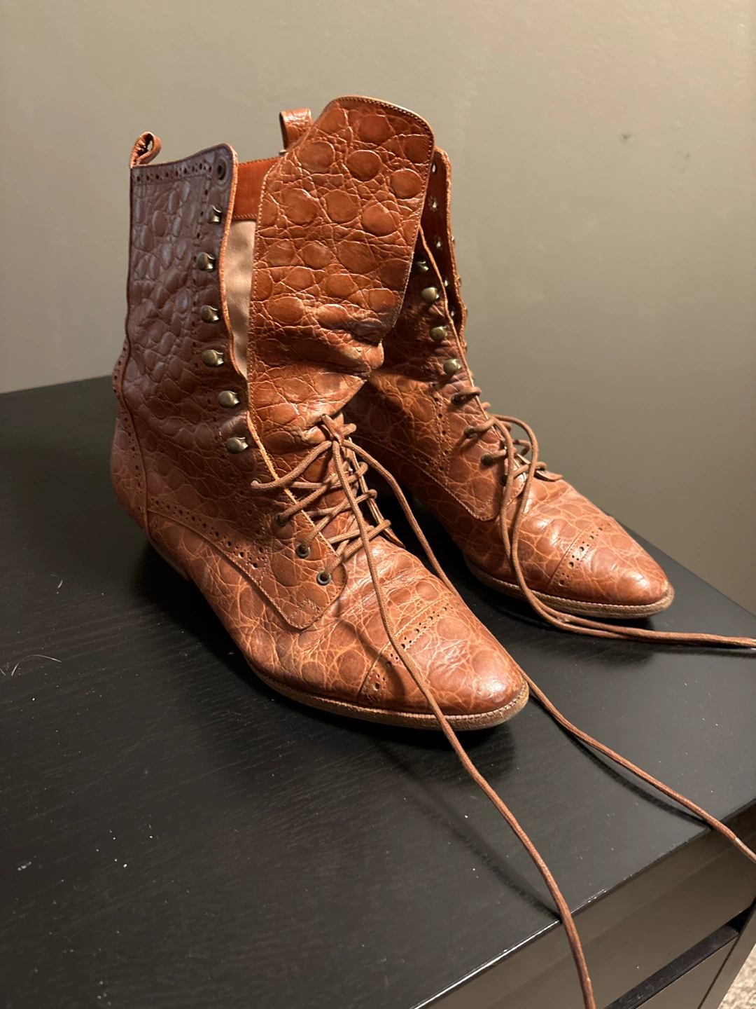 Peter Fox Brown Crocodile Embossed Lace-Up Boots